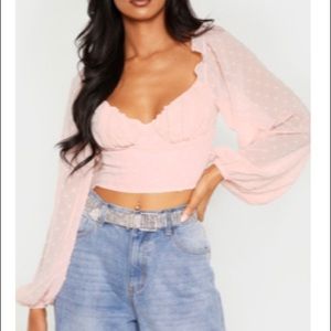 Pink mesh detail long sleeve cropped top